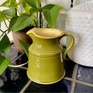 Sur La Table•5” Serving Pitcher•Hand-Painted•Olive Green~Butter Yellow Interior